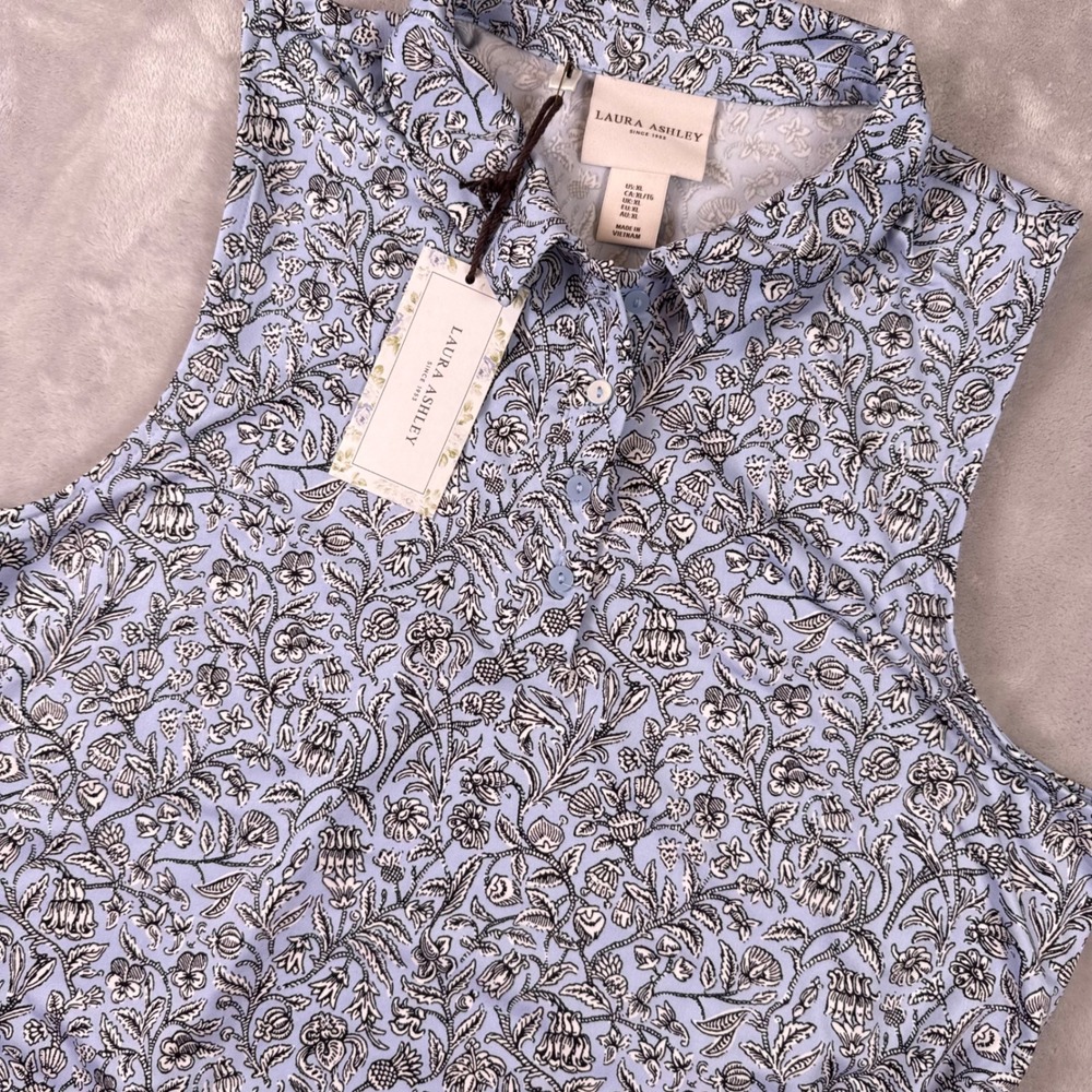 Laura Ashley Blue Floral Toile Sleeveless Golf Tennis Dress Ruffle Hem XL NWT